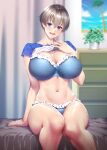  1girl bangs blue_bra blue_eyes blue_panties blush bra breasts cleavage clothes_lift grey_hair highres large_breasts looking_at_viewer navel open_mouth panties raglan_sleeves shirt_lift short_hair sitting smile solo thighs underwear uzaki-chan_wa_asobitai! uzaki_hana zucchini 