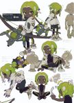  3boys absurdres boy_dearboys cap&#039;n_cuttlefish clipboard closed_eyes closed_mouth commentary_request crossed_bandaids dark-skinned_male dark_skin eyebrow_cut fingerless_gloves gloves green_hair highres holding jacket jellyfish_(splatoon) lying multicolored_hair multiple_boys multiple_views octoling octoling_boy on_back pants pants_under_shorts purple_hair shirt shoes shorts simple_background sneakers splatoon_(series) splatoon_3 tentacle_hair translation_request tri-stringer_(splatoon) weapon white_background white_gloves white_jacket 