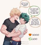 2boys athena_av bakugou_katsuki bishounen black_shirt blonde_hair boku_no_hero_academia clothes_lift commentary couple english_commentary english_text freckles green_hair hands_on_another&#039;s_back hands_on_another&#039;s_stomach highres holding looking_at_another male_focus midoriya_izuku midriff_peek multiple_boys open_mouth shirt shirt_lift short_hair simple_background smile speech_bubble spiked_hair teeth white_shirt yaoi 