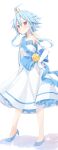  1girl absurdres ahoge aisu_(icicleshot) bare_shoulders blanc_(neptune_series) blue_footwear blue_hair blue_ribbon choujigen_game_neptune collarbone dress elbow_gloves frilled_dress frills full_body gloves hands_on_hips highres light_blue_hair looking_at_viewer neptune_(series) power_symbol red_eyes ribbon sash short_hair_with_long_locks sidelocks simple_background solo strapless strapless_dress symbol-shaped_pupils white_background white_dress white_heart 