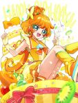  1girl bangs cake choker colored_eyelashes cure_papaya earrings eyelash_ornament eyewear_removed food glasses gloves happy_birthday highres ichinose_minori jewelry long_hair ma_yo_co magical_girl mismatched_eyelashes open_mouth orange_hair precure sailor_collar sitting smile solo thick_eyelashes tropical-rouge!_precure yellow_choker yellow_gloves yellow_sailor_collar 