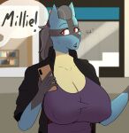  anthro big_breasts breasts clothing female generation_4_pokemon hi_res jigglephysics lucario mature_female millie_(jigglephysics) nintendo pokemon pokemon_(species) purple_clothing purple_shirt purple_topwear shirt solo topwear video_games 