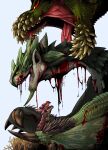  absurdres baby blood blue_eyes claws deviljho dragon highres horns looking_at_viewer monster monster_hunter_(series) mother_and_son nest no_humans open_mouth pekoson rathalos rathian red_eyes sharp_teeth simple_background spikes teeth tongue yellow_eyes 