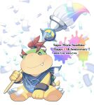  1boy anniversary bandana blue_bandana blurry bowser_jr. bracelet bright_pupils brown_eyes claws closed_mouth commentary_request confetti dated depth_of_field english_text fang fang_out full_body hand_up holding holding_paintbrush horns hoshikuzu_pan jewelry looking_at_viewer male_focus mario_(series) no_humans paint_splatter paintbrush red_hair shell simple_background sitting smile solo spiked_shell spikes super_mario_sunshine turtle_shell white_background white_pupils 