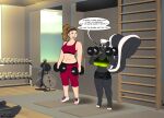  after_transformation anthro athletic athletic_anthro athletic_female big_tail black_body black_fur bottomwear bra breasts clothing dialogue dumbbell duo exercise exercise_clothing female fluffy fluffy_tail footwear fur gym_bottomwear gym_clothing gym_shorts hair halcy0n hi_res human mammal mephitid midriff ponytail shoes short_stack shorts skunk sneakers speech_bubble sports_bra standing underwear weightlifting weights white_hair workout 