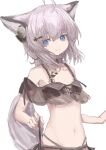  1girl absurdres ahoge animal_ear_fluff animal_ears arknights bangs bikini black_bikini blue_eyes closed_mouth collarbone fox_ears fox_girl fox_tail hair_between_eyes hair_ornament hairclip headphones_for_animal_ears highres long_hair looking_at_viewer navel piennamekuzi purple_hair see-through simple_background smile solo sussurro_(arknights) sussurro_(summer_flowers)_(arknights) swimsuit tail white_background 