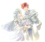 1boy 1girl blue_dress blue_hair bouquet closed_eyes dress eliwood_(fire_emblem) fire_emblem fire_emblem:_the_blazing_blade flower hair_flower hair_ornament hand_on_another&#039;s_chin kuzumosu light_blue_hair long_hair looking_at_another ninian_(fire_emblem) official_alternate_costume red_eyes red_hair robe smile white_background white_flower white_robe 
