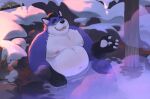  2022 absurd_res anthro bathing belly big_belly blush canid canine hi_res huynhduyad14 kemono male mammal moobs navel nipples one_eye_closed outside overweight overweight_male sitting snow solo water 
