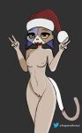  anthro calico_cat christmas christmas_clothing christmas_headwear clothing domestic_cat epic_games eyeshadow felid feline felis female fortnite gesture hat headgear headwear hi_res holidays makeup mammal meow_skulls_(fortnite) mottled nipple_piercing nipples nude open_mouth piebald piercing saltedanimal simple_background solo v_sign video_games 