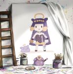  0_0 :d black_dress canvas_(object) cookie curtains dress food halo holding holding_food hololive hololive_english ladder long_hair ninomae_ina&#039;nis paint_splatter paintbrush painting_(object) palette_(object) purple_hair skirt smile strapless strapless_dress takodachi_(ninomae_ina&#039;nis) thighhighs very_long_hair virtual_youtuber white_thighhighs yellow_skirt yuuyu_(777) 