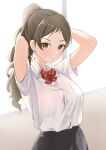  1girl :o absurdres arms_up b1ack_illust black_skirt bow bowtie breasts brown_hair highres idolmaster idolmaster_million_live! kitazawa_shiho large_breasts looking_at_viewer pleated_skirt ponytail school_uniform shirt skirt solo striped striped_bow striped_bowtie white_shirt 