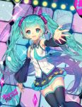  1girl aqua_eyes aqua_hair burenai_ai_de_(vocaloid) commentary_request detached_sleeves hatsune_miku headset long_hair necktie non-web_source open_mouth outstretched_arm photoshop_(medium) skirt solo thighhighs twintails very_long_hair vocaloid wbfish 