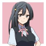  1girl bangs black_hair breasts commentary grey_eyes hair_ornament long_hair looking_at_viewer love_live! love_live!_nijigasaki_high_school_idol_club medium_breasts nijigasaki_academy_school_uniform one_side_up pink_background school_uniform shinsono_shiroko short_sleeves sidelocks smile solo upper_body yuuki_setsuna_(love_live!) 