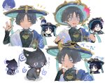  1boy akanbe animal animalization armor bangs black_hair blue_hair cat closed_eyes cropped_torso eyeshadow genshin_impact genshin_impact_sticker_redraw_(meme) hat highres japanese_armor jingasa kote kurokote makeup male_focus meme multicolored_hair multiple_views open_mouth purple_eyes red_eyeshadow scaramouche_(genshin_impact) shaded_face shima_(vivi_do) simple_background smile tongue tongue_out upper_body vision_(genshin_impact) wanderer_(genshin_impact) white_background 