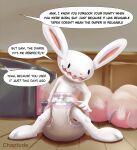  2022 absurd_res ambiguous_gender anthro balled_up_diaper chaptude detailed_background dialogue diaper dot_eyes english_text feces full_diaper fur hi_res lagomorph leporid mammal max_(sam_and_max) messing messy_diaper print_diaper rabbit sagging_diaper sam_and_max scat soiled_diaper soiling solo text white_body white_fur 