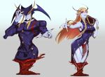  1boy 1girl blood colored_skin fingernails genderswap hand_in_own_hair highres jedah_dohma long_fingernails monster monster_girl muscular muscular_male pointing pointy_ears purple_skin red_eyes rozavamp vampire vampire_(game) 