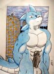  2019 abs absurd_res anthro athletic balls barazoku black_penis blue_body building city city_background city_lights dashthefox dragon genitals hands_behind_back hi_res leopold male multicolored_body muscular night obliques pecs penis serious serious_face solo spiked_tail spikes spikes_(anatomy) toned_body traditional_media_(artwork) vein veiny_penis villainous vindico yellow_eyes 