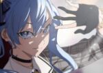  1girl bangs black_choker black_gloves blue_bow blue_eyes blue_hair blurry bow bracelet choker depth_of_field dress from_side gloves hair_behind_ear hair_between_eyes hair_bow hololive hoshimachi_suisei jewelry longlong_(drasdr7513) looking_at_viewer open_hand partially_fingerless_gloves plaid plaid_dress portrait shadow smile solo star_(symbol) virtual_youtuber 