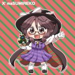 1girl black_cloak black_footwear black_headwear blush bow brown_eyes brown_hair cloak diagonal_stripes full_body glasses gloves hair_between_eyes hat hat_bow highres long_sleeves low_twintails open_mouth plaid plaid_skirt plaid_vest pleated_skirt purple_skirt purple_vest red-framed_eyewear rokugou_daisuke shirt shoes short_hair skirt smile solo striped striped_background thighhighs touhou twintails usami_sumireko vest white_bow white_gloves white_shirt white_thighhighs 