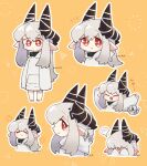  1girl :o arknights bangs blush closed_eyes closed_mouth commentary_request covering_face cropped_torso ear_blush grey_hair hair_between_eyes highres hood hood_down hoodie horns long_hair long_sleeves mooootmt mudrock_(arknights) multiple_views orange_background outline parted_lips pointy_ears profile puffy_long_sleeves puffy_sleeves red_eyes signature sleeves_past_fingers sleeves_past_wrists spoken_blush upper_body very_long_hair white_hoodie white_outline 