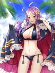  1girl ahoge ass_visible_through_thighs bare_shoulders beach bikini black_bikini black_cape black_gloves blue_sky breasts cape cape_lift cleavage collarbone day facial_mark fate/grand_order fate_(series) flower forehead_mark fur-trimmed_cape fur_trim gloves hair_flower hair_ornament half_gloves highres large_breasts long_hair looking_at_viewer lowleg lowleg_bikini midriff navel outdoors palm_tree purple_hair red_cape sky smile solo sunlight swimsuit tree uto_hyou wu_zetian_(fate) wu_zetian_(swimsuit_caster)_(fate) wu_zetian_(swimsuit_caster)_(third_ascension)_(fate) 