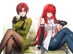  2girls absurdres aozaki_aoko aozaki_touko blue_hair couch crossed_legs cup denim glasses highres jeans mahou_tsukai_no_yoru multiple_girls pants q18607 red_eyes red_hair siblings simple_background sisters sitting white_background 