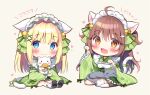  2girls :3 :d ahoge alternate_costume animal animal_ears apron bangs bell black_footwear blonde_hair blue_eyes blush brown_background brown_eyes brown_hair cat cat_ears cat_girl cat_tail closed_mouth comiket_101 commentary_request enmaided fang food frilled_apron frilled_sleeves frills green_kimono green_ribbon hair_bell hair_between_eyes hair_ornament japanese_clothes jingle_bell kemonomimi_mode kimono kokoa-chan_(pan_(mimi)) long_sleeves looking_at_viewer loose_socks maid maid_apron maid_headdress multiple_girls original pan_(mimi) paw_pose ribbon shoe_soles shoes simple_background sitting smile socks tail tail_ornament tail_ribbon taiyaki ten-chan_(pan_(mimi)) thighhighs two_side_up wa_maid wagashi wariza white_apron white_cat white_socks white_thighhighs wide_sleeves 