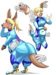  animal_genitalia animal_penis anthro big_butt blonde_hair blue_eyes breasts brown_body brown_fur butt clothing disembodied_hand female footwear fur genitals growth hair hand_on_face hi_res high_heels human kangaroo long_ears macropod mammal marsupial marsupial_penis metroid nexusthelife nintendo open_mouth pale_skin penis ponytail pouch_(anatomy) rear_view samus_aran simple_background solo species_transformation standing surprise tail_growth thick_thighs tight_clothing touching_face transformation transformation_sequence video_games white_background wide_hips zero_suit 