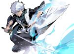  black_kimono bleach blue_eyes cofffee green_scarf haori hitsugaya_toushirou holding holding_sword holding_weapon japanese_clothes jewelry kimono looking_at_viewer pendant scarf sword torn_scarf weapon white_background white_hair zanpakutou 