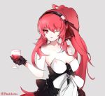  1girl absurdres ahoge bare_shoulders black_gloves cup dress gloves grey_background hairband highres holding holding_cup long_hair looking_to_the_side mole mole_under_eye parted_lips ponytail punishing:_gray_raven red_eyes red_hair ribbon rozy94 sidelocks solo upper_body vera_(punishing:_gray_raven) 