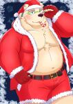  2022 absurd_res anthro bear belly blue_eyes blush bottomwear christmas christmas_clothing christmas_headwear clothing costume eyewear glasses hat headgear headwear hi_res holidays humanoid_hands kemono leib_(tas) lifewonders male mammal navel niaor27 overweight overweight_male polar_bear santa_costume santa_hat shorts solo tokyo_afterschool_summoners ursine video_games 