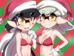  2girls artist_name bangs bikini black_hair breasts breath callie_(splatoon) christmas cleavage coat commentary cousins cross-shaped_pupils dated detached_collar earrings fang fangs gloves grey_hair hand_on_hip hat holding holding_sack jewelry large_breasts long_hair looking_at_viewer marie_(splatoon) medium_hair mole mole_under_eye multiple_girls open_mouth over_shoulder red_bikini red_headwear sack santa_hat side-by-side signature small_breasts smile splatoon_(series) swept_bangs swimsuit symbol-shaped_pupils twitter_username usa_(dai9c_carnival) white_coat white_gloves yellow_eyes 