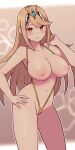  blonde_hair breasts breasts_out closed_mouth earrings hand_on_hip highres jewelry lamb-oic029 large_areolae large_breasts long_hair looking_at_viewer mythra_(xenoblade) navel nipples slingshot_swimsuit swimsuit xenoblade_chronicles_(series) xenoblade_chronicles_2 yellow_eyes 