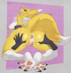  ambiguous_gender anthro anus bandai_namco big_breasts big_butt black_sclera breasts butt butt_grab butt_squish canid claws crossed_legs digimon digimon_(species) dipstick_tail disembodied_hand duo female female/ambiguous fluffy fluffy_tail fur genitals hand_on_butt hi_res looking_at_viewer looking_back looking_back_at_viewer lying mammal markings neck_tuft nipples on_front pawpads pulred pussy rear_view renamon squish tail_markings tuft yellow_body yellow_fur 