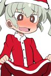  1girl anchovy_(girls_und_panzer) bangs blush bright_pupils brown_eyes christmas clothes_lift commentary dress dress_lift drill_hair embarrassed girls_und_panzer green_hair hat highres lifted_by_self long_hair long_sleeves looking_at_viewer open_mouth parody red_headwear santa_dress santa_hat simple_background smile solo style_parody sweatdrop twin_drills twintails ueno-san_wa_bukiyou wakku_kan white_background white_pupils 