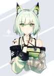  1girl animal_ear_fluff animal_ears arknights artist_name bangs bare_shoulders breasts closed_mouth collarbone commentary_request cropped_torso dress green_dress green_eyes grey_hair hair_between_eyes hand_up highres kal&#039;tsit_(arknights) long_hair looking_at_viewer medium_breasts nanatsuka oripathy_lesion_(arknights) see-through see-through_sleeves signature solo upper_body 