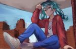  1girl blue_eyes blue_hair blue_pants brick_wall broken_wall closed_mouth commentary_request expressionless eyewear_on_head flat_chest full_body hatsune_miku jacket long_hair long_sleeves looking_at_viewer matsubara_tsuyoshi pants red_jacket shirt shoes sitting sneakers solo suna_no_wakusei_(vocaloid) sunglasses twintails vocaloid white_footwear white_shirt 