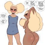  2022 absurd_res anthro big_butt big_ears black_sclera blue_clothing blue_shirt blue_topwear blush blush_lines breasts brown_body brown_fur butt choker clothed clothing daughter dialogue duo embarrassed english_text floppy_ears fur generation_4_pokemon hi_res human hybrid jewelry looking_away lopunny mammal mother mother_and_child mother_and_daughter necklace nintendo nude parent parent_and_child pokemon pokemon_(species) red_eyes saltyxodium shirt text topwear video_games 