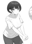  1girl bangs blush breasts commentary_request greyscale gym_shirt gym_shorts gym_uniform highres medium_breasts monochrome motion_blur original own_hands_together parted_lips shirt short_hair short_sleeves shorts simple_background solo takenoko_no_you v-shaped_eyebrows volleyball white_background 