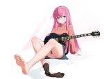  1girl absurdres barefoot blue_eyes bocchi_the_rock! feet gaishi_yuu gotou_hitori guitar highres holding holding_instrument instrument legs long_hair no_shoes panties pink_hair sitting skirt soles solo toes underwear 