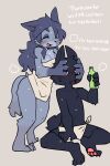  2022 absurd_res anthro black_body black_fur blush body_hair bottle breasts canid canine canis chest_hair container dialogue domestic_dog duo eyes_closed female fur grey_body grey_fur hand_on_head hi_res holding_object kemono male male/female mammal mini_(puppy_in_space) nifuramu_(pizademokttero) nude obscured_eyes pawpads paws pizademokttero simple_background smile steam towel towel_only wet wolf 