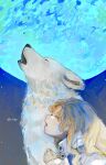  1girl absurdres artist_name brown_hair clenched_hands closed_eyes highres howling moon night orie_h original outdoors upper_body white_wolf wolf 
