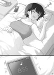  1girl bangs blush breasts camisole cellphone closed_eyes commentary_request covered_nipples drooling greyscale hand_up highres lying medium_breasts monochrome on_back open_mouth original phone pillow short_hair sleeping solo takenoko_no_you under_covers zzz 