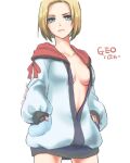  1girl blonde_hair blue_eyes breasts center_opening closed_mouth collarbone final_fantasy final_fantasy_xi geomancer_(final_fantasy) hood hoodie looking_at_viewer saku_ff11 short_hair simple_background sleeves_past_wrists solo white_background 