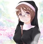  1girl absurdres bangs between_breasts black_dress breasts brown_eyes brown_hair dress glasses habit highres looking_at_viewer mole mole_under_mouth multicolored_background nun ooshiro_youkou original over-rim_eyewear semi-rimless_eyewear short_hair smile solo strap_between_breasts tareme upper_body 