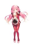  1girl animal_ears animal_helmet bear_ears bettle_(b_s_a_n) blush bodysuit bow full_body hair_bow headwear_removed helmet helmet_removed himekuma_ribon holding holding_helmet knees_together_feet_apart looking_at_viewer official_art pilot_suit pink_eyes re:act red_bodysuit red_bow simple_background slippers smile solo stuffed_animal stuffed_toy teddy_bear twintails virtual_youtuber white_background 