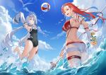  2girls absurdres ball beachball bikini bingdongluofeiyu blue_hair blue_sky bottle breasts cloud detached_sleeves from_below highres holding holding_bottle holding_polearm holding_weapon jumping long_sleeves looking_at_viewer looking_down looking_up medium_breasts multicolored_hair multiple_girls no.21_(punishing:_gray_raven) open_mouth polearm punishing:_gray_raven red_hair sky smile swimsuit two-tone_hair vera_(punishing:_gray_raven) water weapon white_hair 