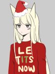  1girl animal_ears arknights bangs blonde_hair brown_eyes closed_mouth clothes_writing fur-trimmed_headwear grey_background hat long_hair looking_away mini_hat platinum_(arknights) red_headwear red_shirt santa_hat saturday_night_live shirt simple_background solo supershrimpcakes upper_body very_long_hair 
