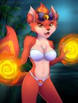  2022 anthro artist_name bra breasts canid canine cleavage clothed clothing cloud digital_media_(artwork) female fire fireball fox fur gunfire_reborn hi_res li_(gunfire_reborn) mammal open_mouth plant sky solo underwear varrio10 video_games year 