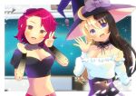  2girls :d bangs black_choker black_hair blonde_hair blue_eyes blurry blurry_background bow braid breasts brown_eyes choker cleavage collarbone commentary_request commission crop_top depth_of_field forehead frilled_shirt frills hair_between_eyes hands_up hat hat_bow head_tilt high-waist_skirt kou_hiyoyo long_hair long_sleeves medium_breasts midriff multicolored_hair multiple_girls navel off-shoulder_shirt off_shoulder original parted_bangs puffy_long_sleeves puffy_sleeves purple_bow purple_hair purple_headwear purple_skirt shirt skeb_commission skirt smile two-tone_hair very_long_hair white_shirt witch_hat 